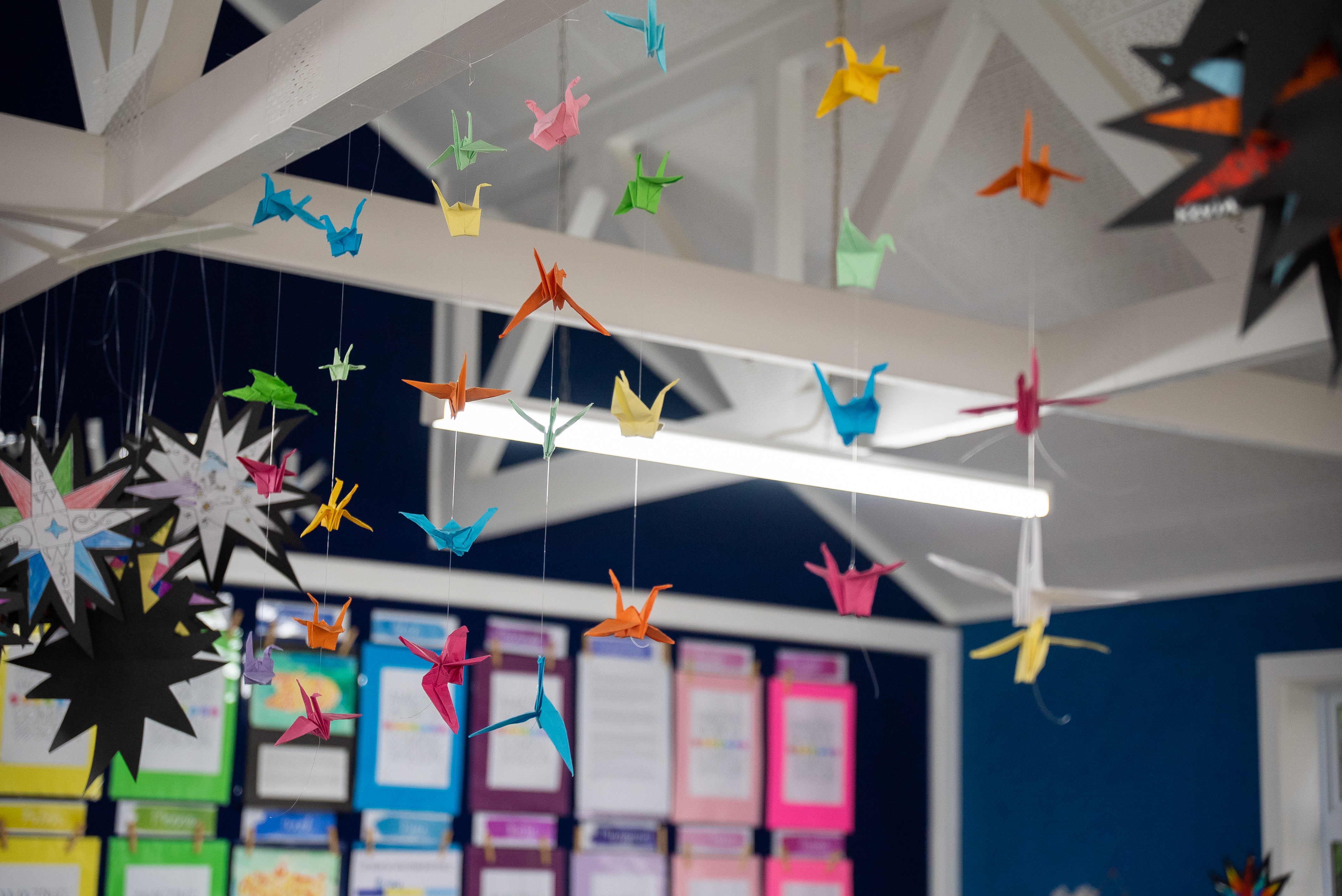 Paper cranes hanging from a classroom ceiling