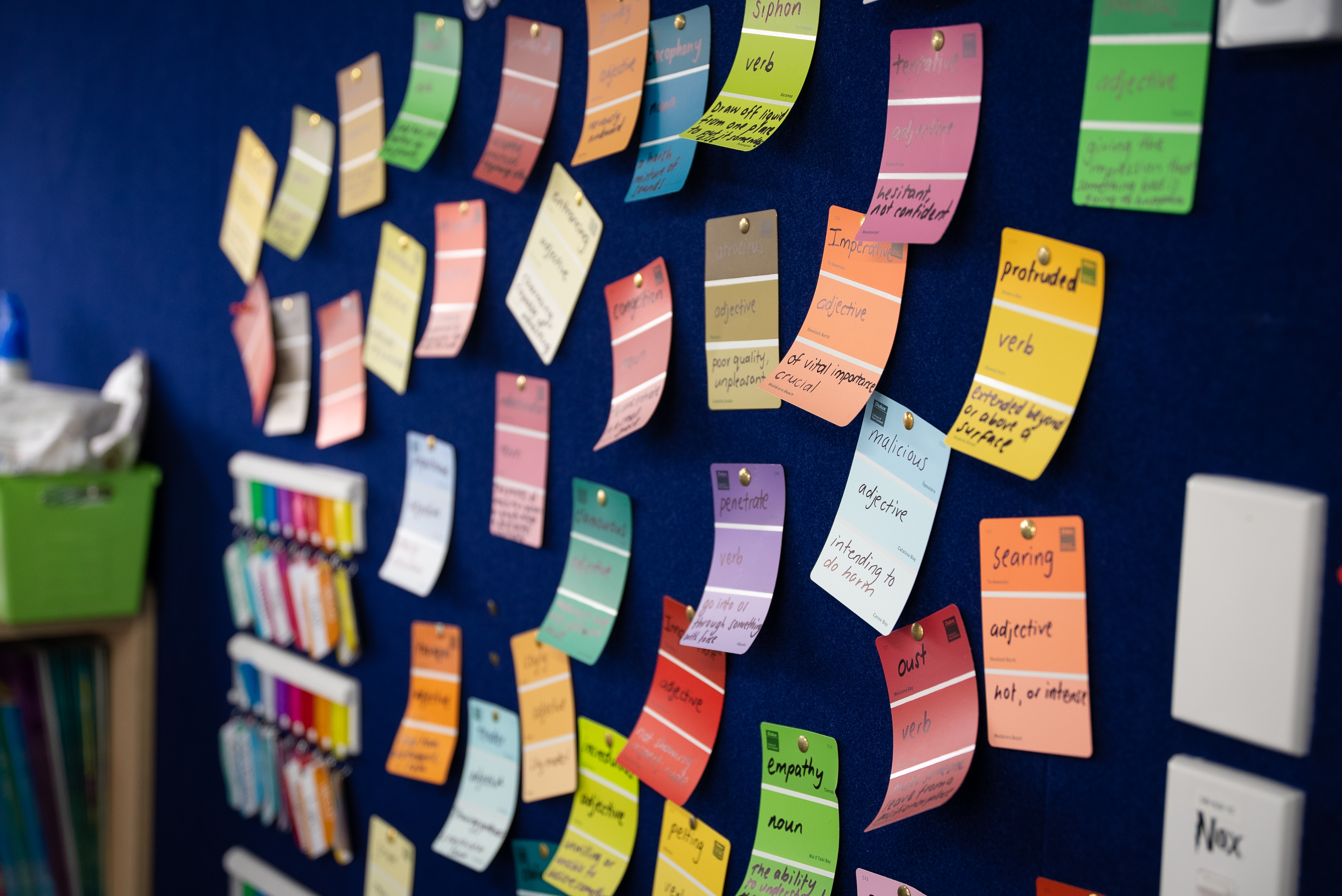 Post it notes on a classroom wall 