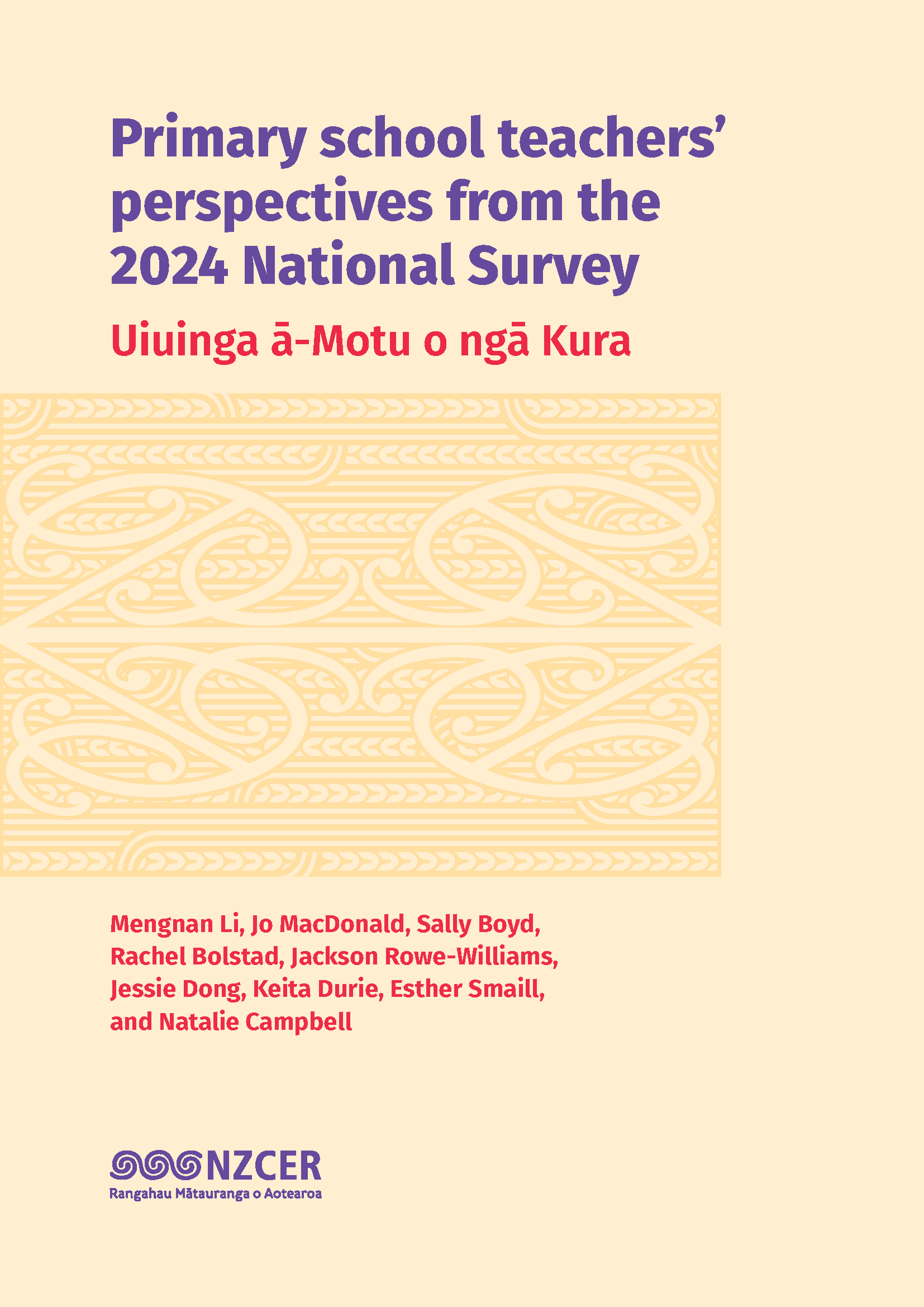Yellow, purple and red patterned cover with NZCER branding for the National Survey teacher report 2024