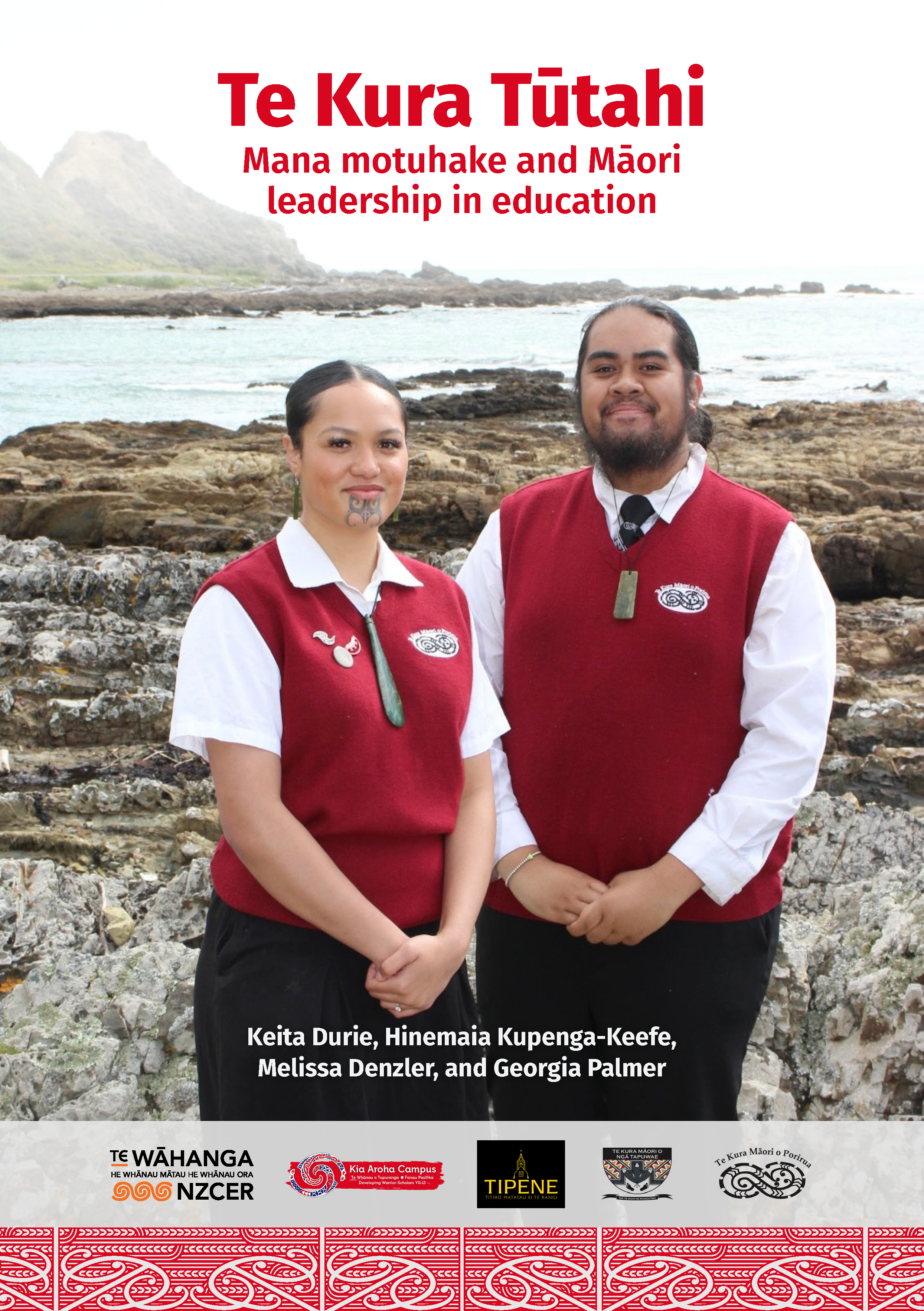 Report cover with two students wearing red, white and black uniform against a background of rocks and the ocean