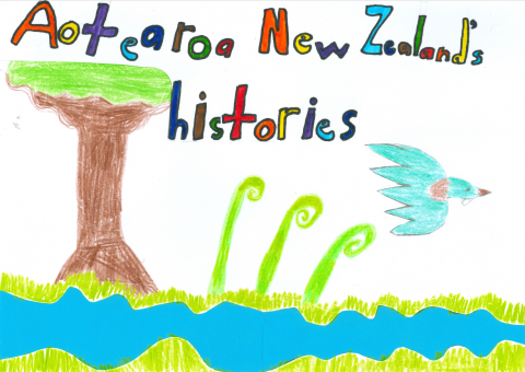 Drawing of land and tree and bird 