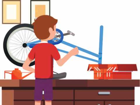 cartoon of a child fixing a bike