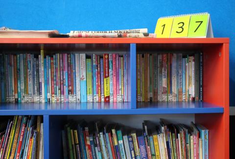 a photo of a blue and red bookshelf in a classroom, filled with childrens books 