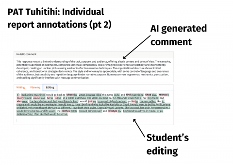 Annotated PAT Tuhituhi individual report showing AI generated comments and student editing