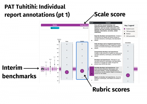 Annotated PAT Tuhituhi individual report showing scale score, rubric score and interim benchmarks
