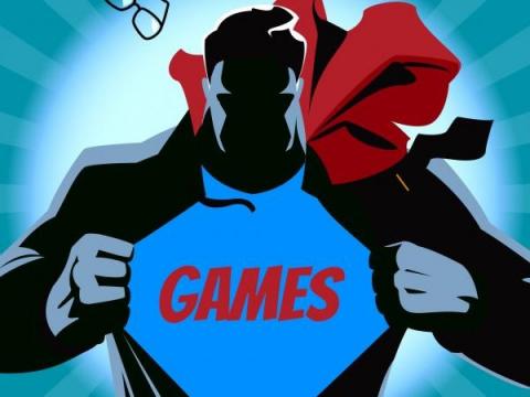 superhero revealing a shirt that says "games"