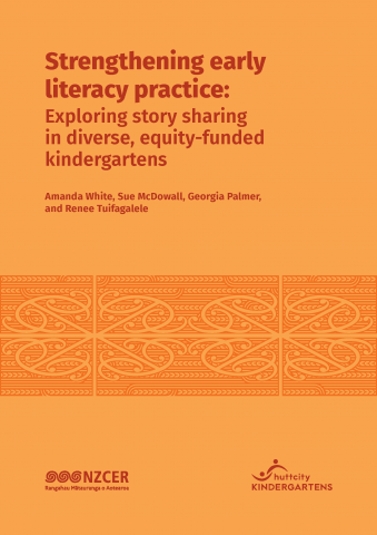 Cover image in orange with NZCER motifs for Strengthening early literacy practice—Exploring story sharing in diverse, equity-funded kindergartens