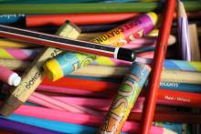 Close up of colourful pencils and crayons 