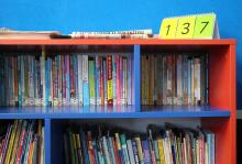 photo of books on a shelf in a school library 