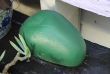 Photo of a painted green rock next to a plant 